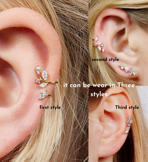 14K Gold Leaf Ear Cuff Diamond & Moissanite, No Piercing