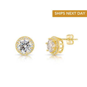Stunning 10K Yellow Gold Large Round Cubic Zirconia Halo Stud Earrings.