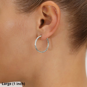 14K White Gold Classy Diamond-Cut Hoop Earrings, Hand Engraved Special Quality Hoops, Made in the USA, by TILO Jewelry