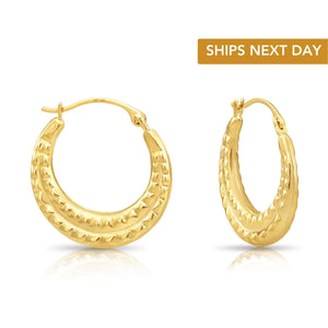 10K Yellow Gold Alligator Textured Pattern Hoop Earrings, 19Mm Medium Hoops, Handmade in NYC, by TILO Jewelry