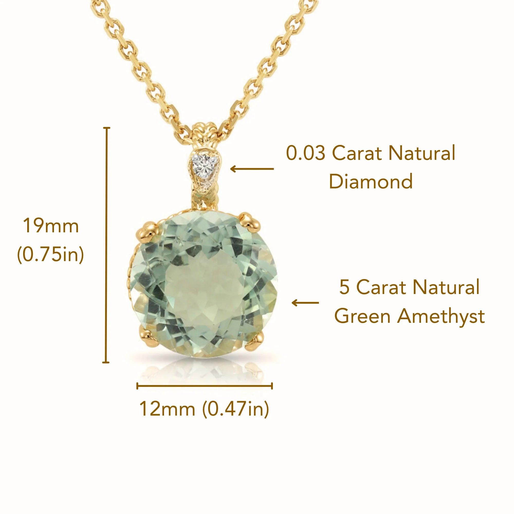 Elegant 14K Yellow Gold Green Amethyst & Diamond Pendant Necklace.