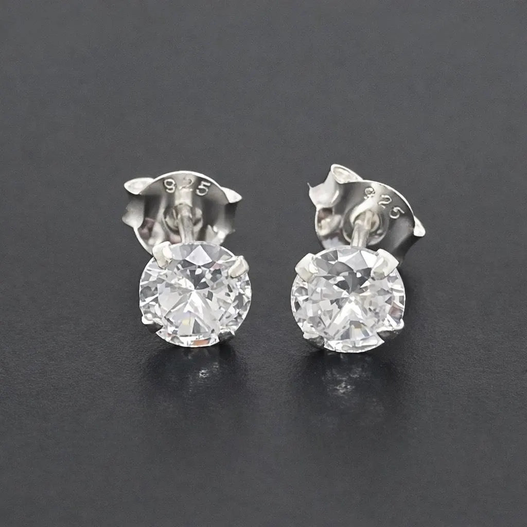 925 Sterling Silver round Earrings Studs Clear Tiny Small One Pair