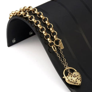 18K Solid Yellow Gold Belcher Bracelet with Filigree Heart Padlock – Elegant Women’s Jewelry.