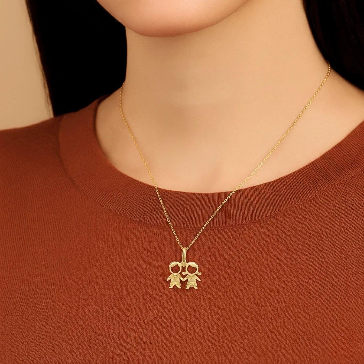 Stunning 14K Yellow Gold Heart Pendant Necklace Featuring Adorable Boy & Girl Design.