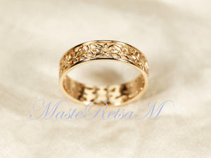 ZP160- Handmade Sterling Silver Openwork Pattern Floral Ring: 18K Gold Vermeil Vintage Band