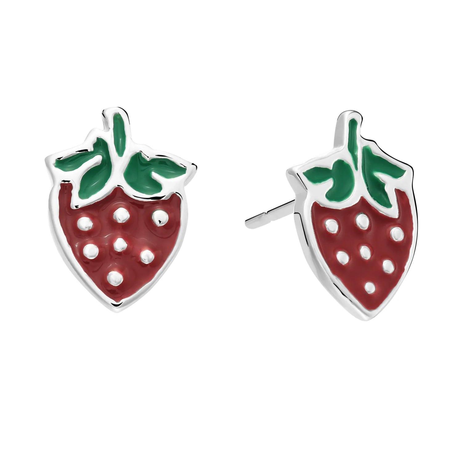 Vibrant 925 Sterling Silver Red Strawberry Enamel Stud Earrings - Pushback Closure.