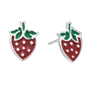 Vibrant 925 Sterling Silver Red Strawberry Enamel Stud Earrings - Pushback Closure.