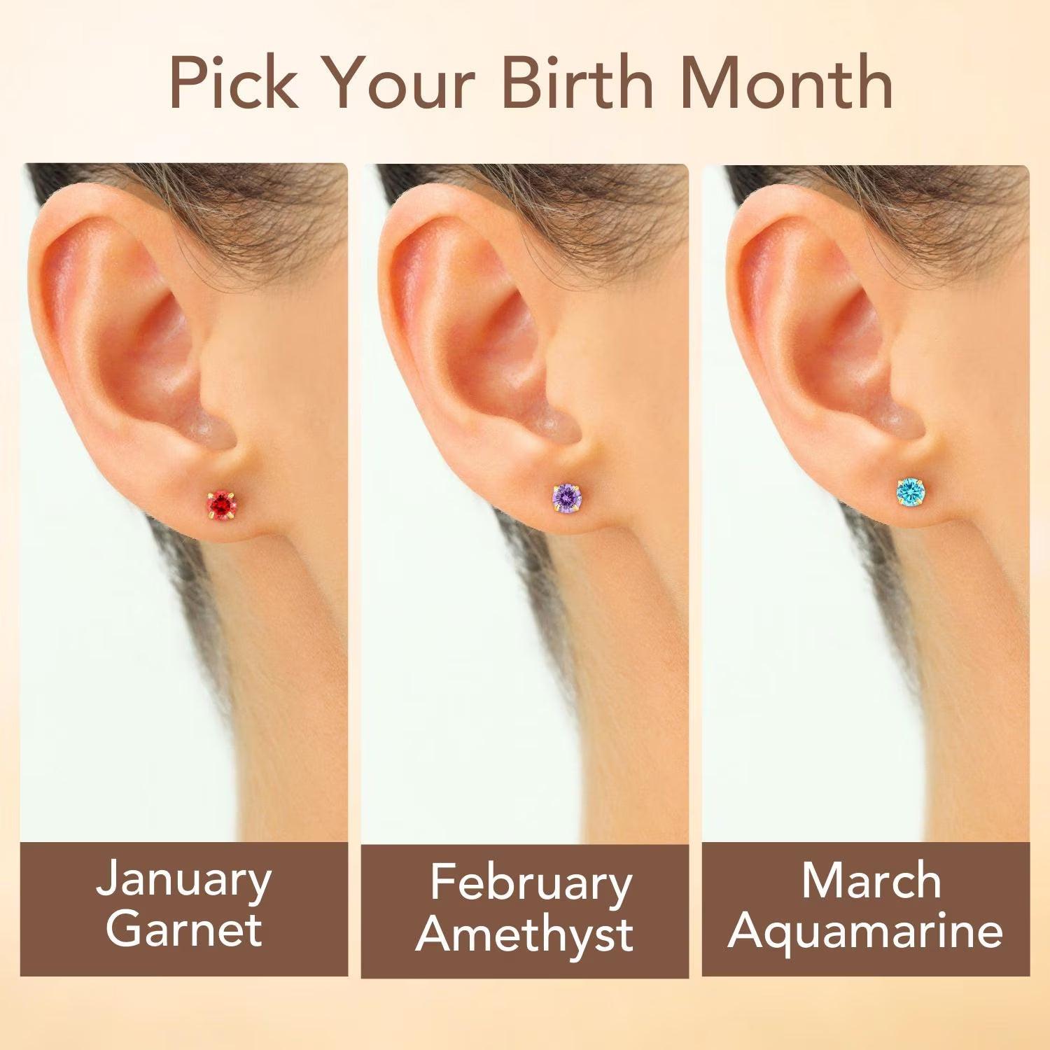 Stunning 10K Solid Yellow Gold Birthstone Stud Earrings - 5mm Pushback Sleeper Style, Available in 12 Vibrant Colors!.