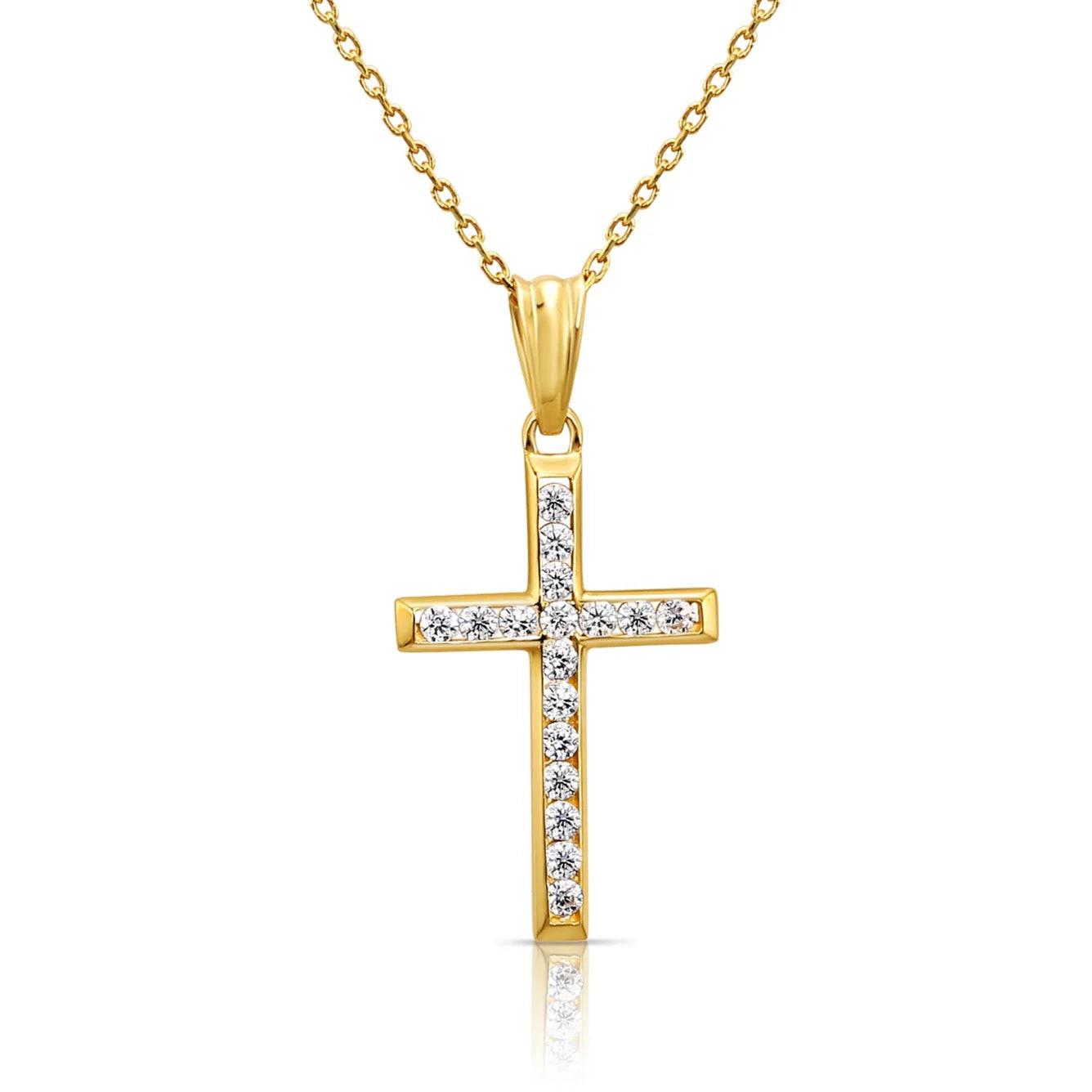 Dazzling 14K Yellow Gold CZ Cross Pendant Necklace with 18" Cable Chain.