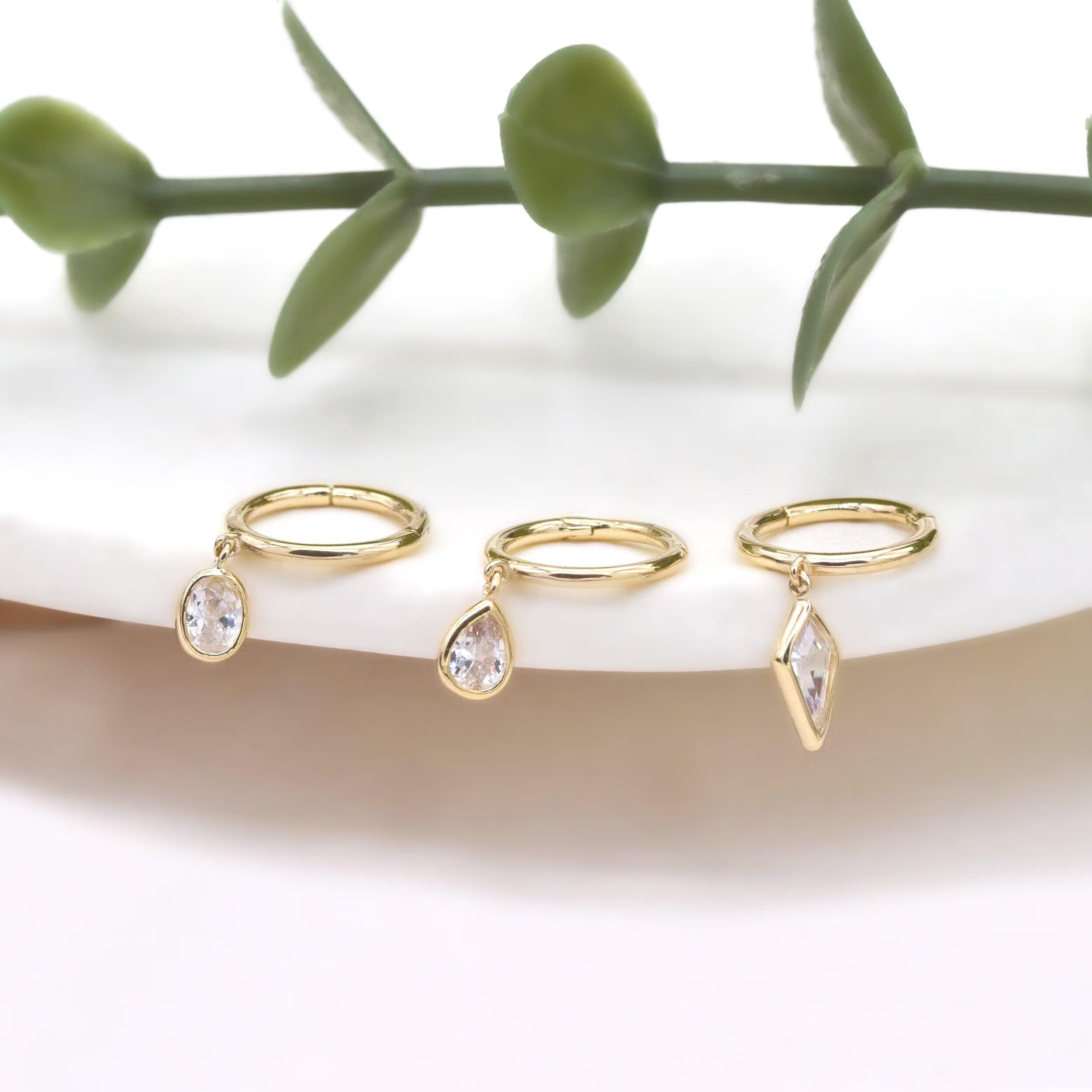 14K Solid Gold Dangle Charm Hoop Earring Dainty Drop Earring Dangle Rhombus Oval Dangling Charm Clicker Dangle Earring Cartilage Hoop 16G