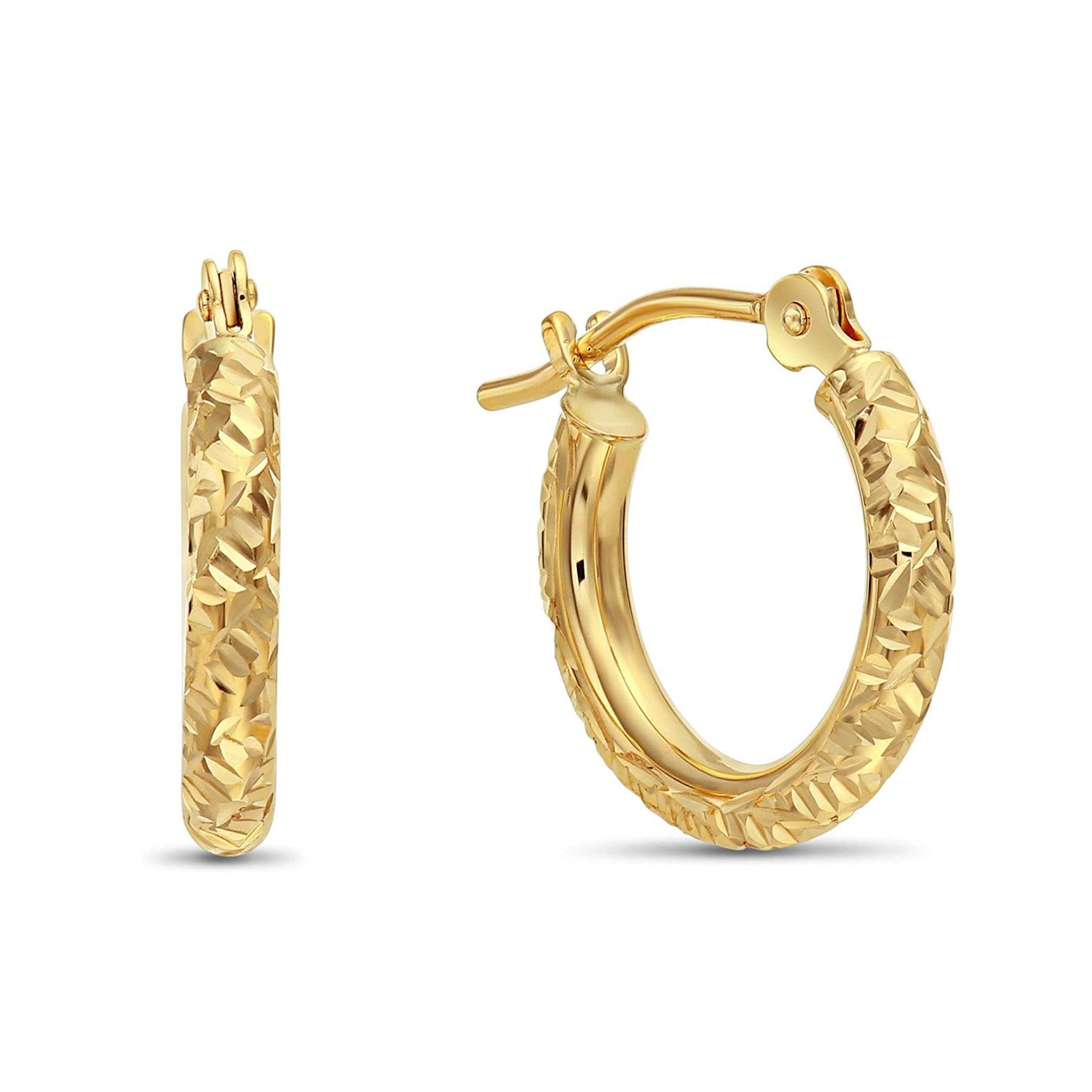 Elegant 14K Solid Gold Small Hoop Earrings with Unique Hand Engraved Tornado Design - 13mm (0.5 Inch Diameter).