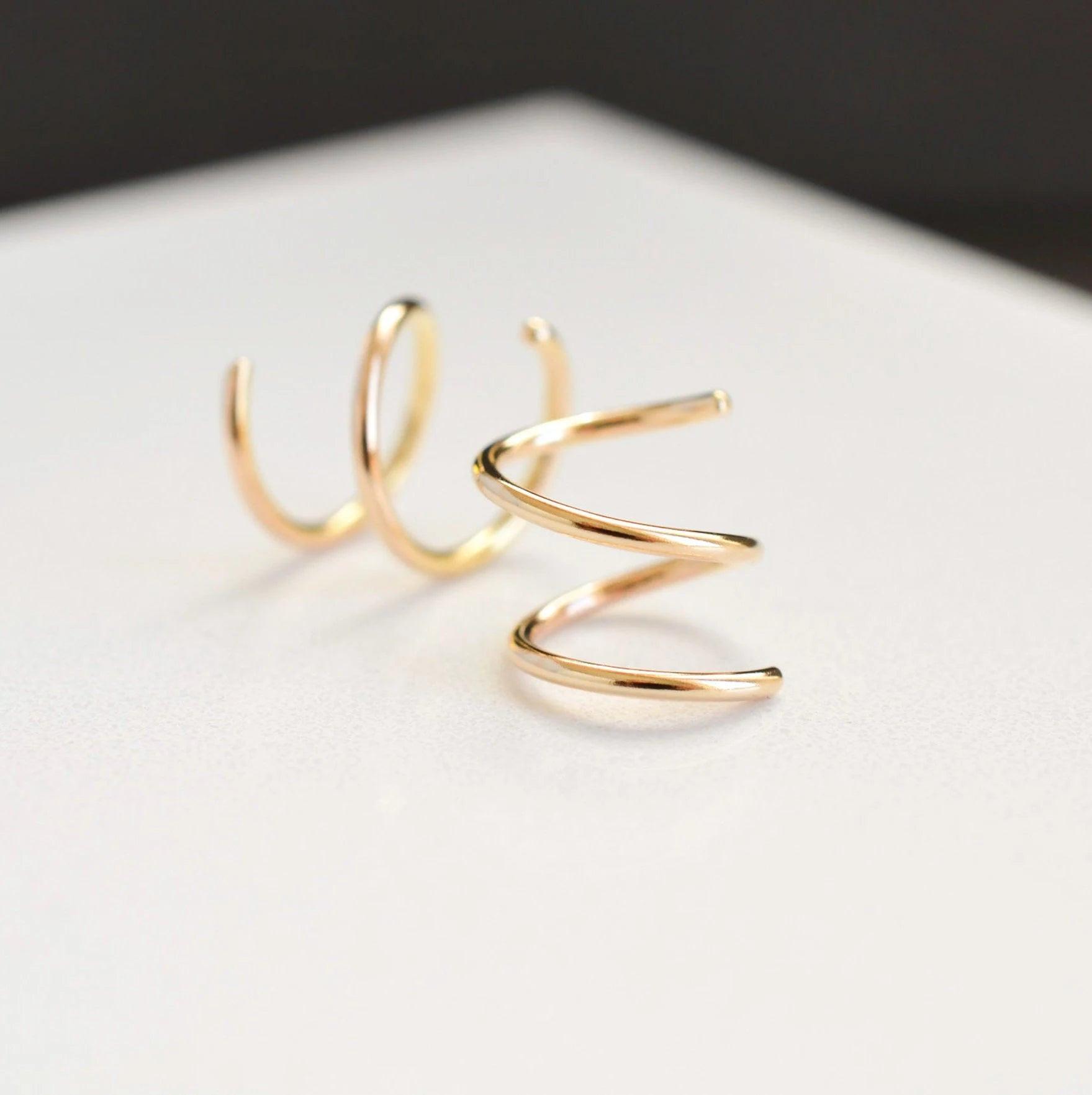 Elegant 14K Solid Gold Spiral Threader Earrings - Perfect Double Hoop Huggie Design for Sensitive Ears.