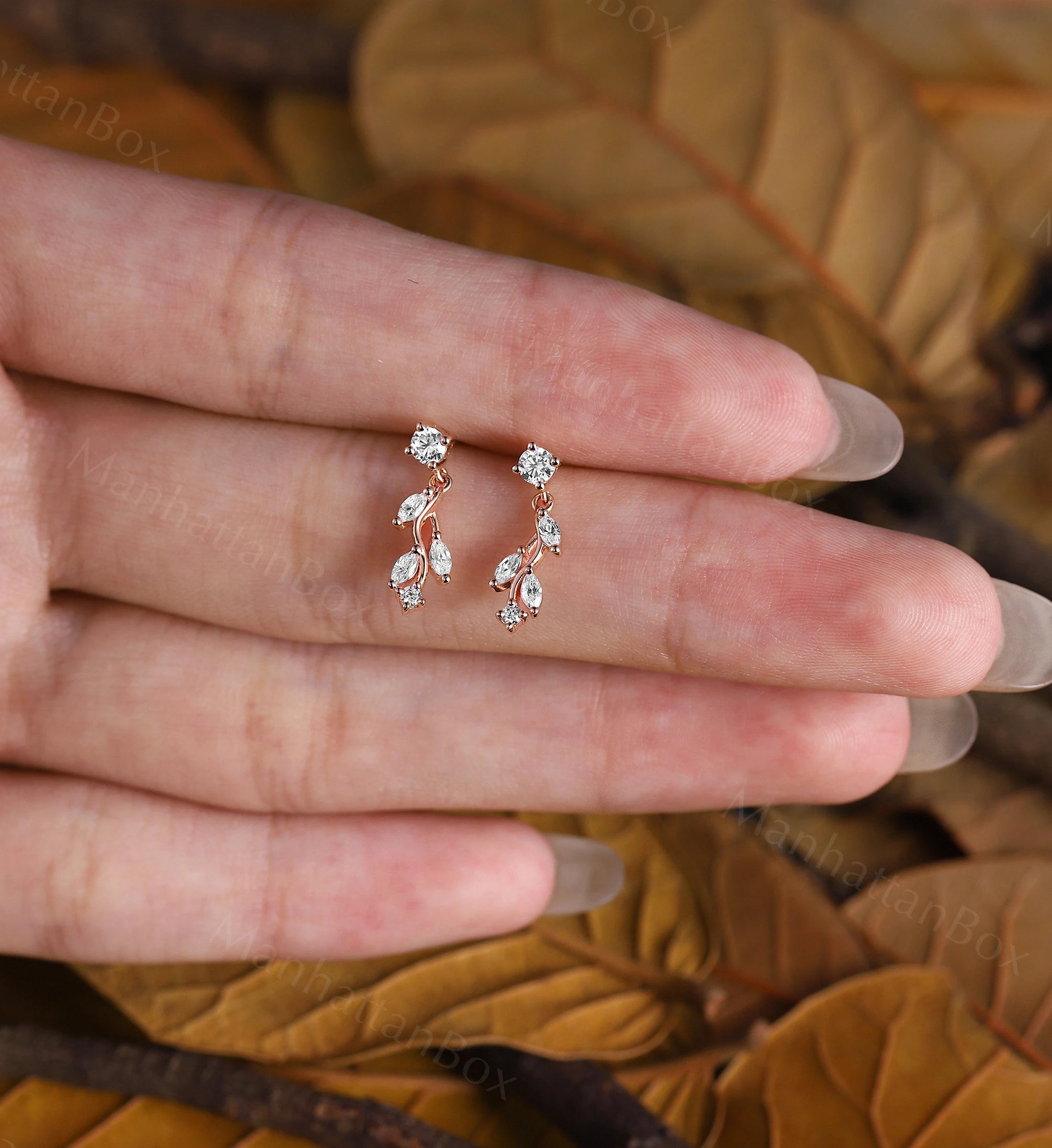 Dainty Leaf Diamond Dangle Earrings - Elegant Yellow Gold Moissanite Drop Earrings - Classic Minimalist Women Birthday Gift by