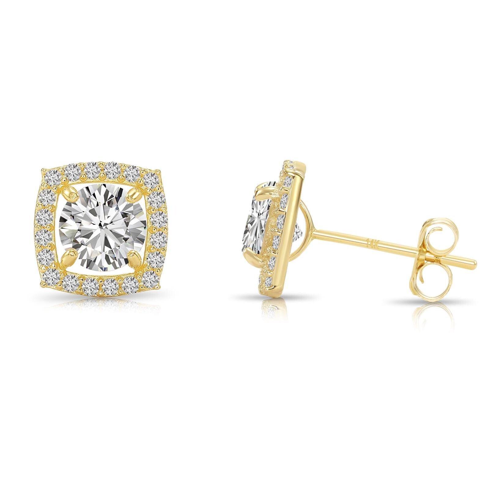 Stunning 14K Solid Yellow Gold Round CZ Halo Stud Earrings - Brilliant Cushion Design with Secure Pushbacks by TILO Jewelry.