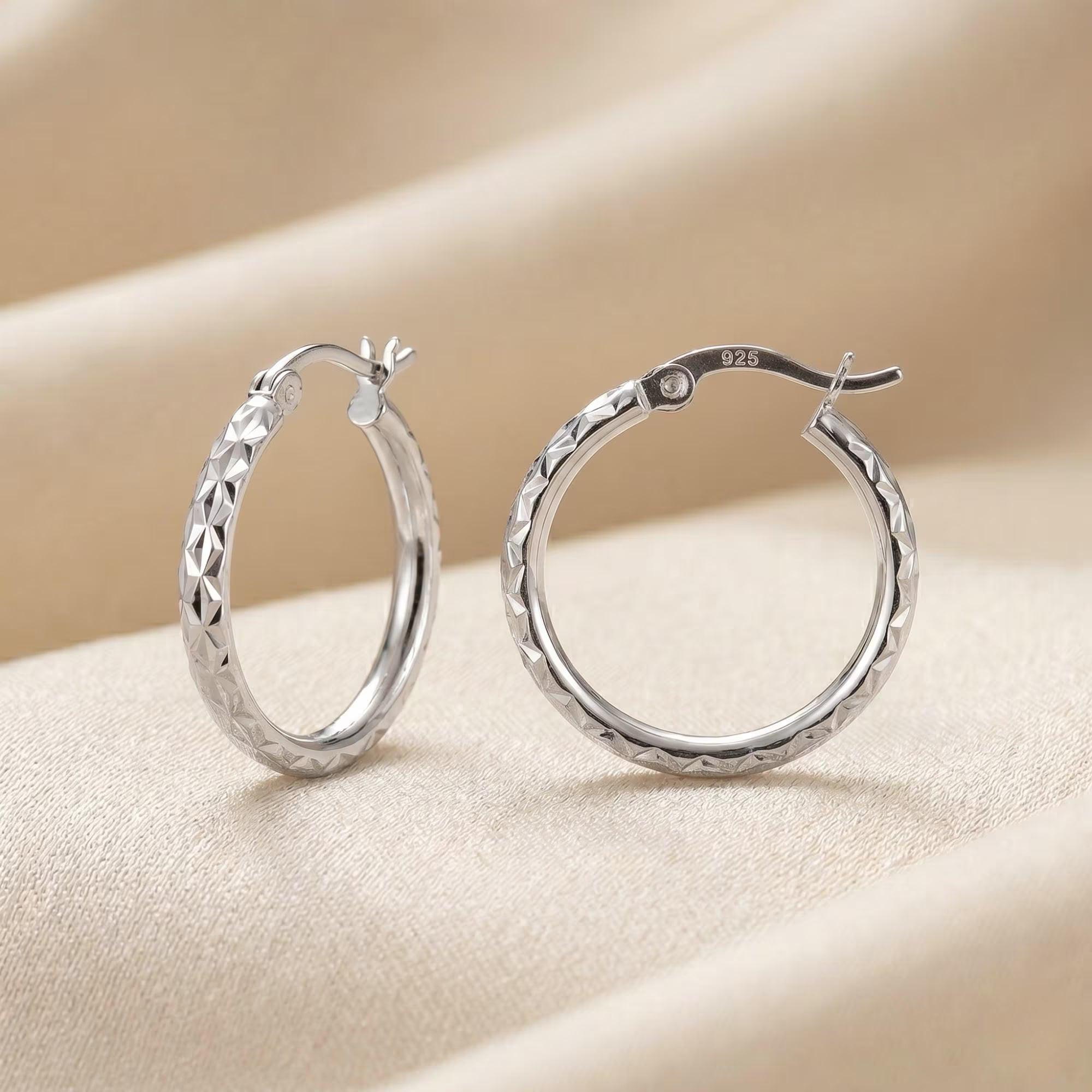 Stunning 925 Sterling Silver Hand Engraved Diamond Cut X-Pattern Round Hoop Earrings.