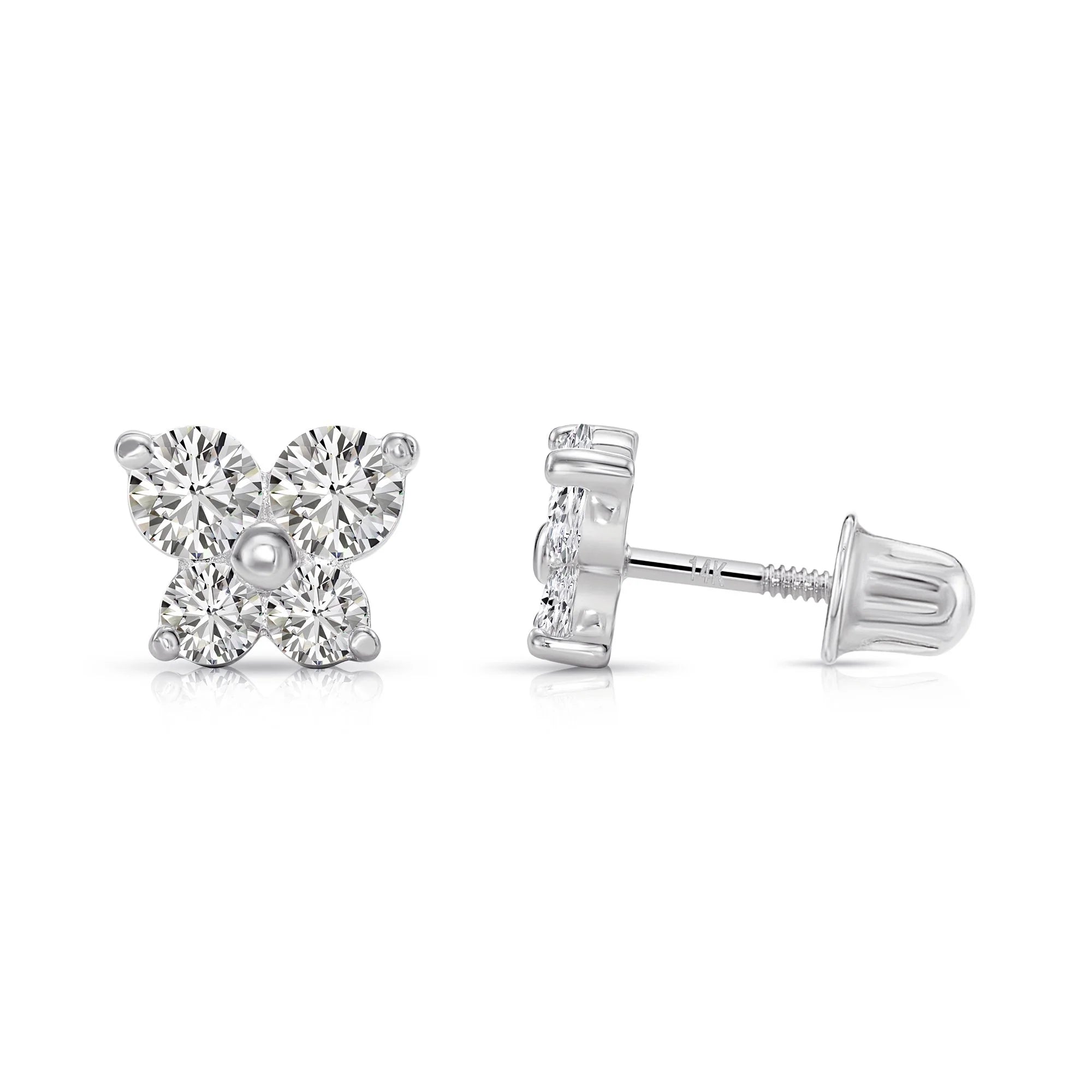 14K Solid Gold Butterfly CZ Stud Earrings, with Secure Screw-Backs
