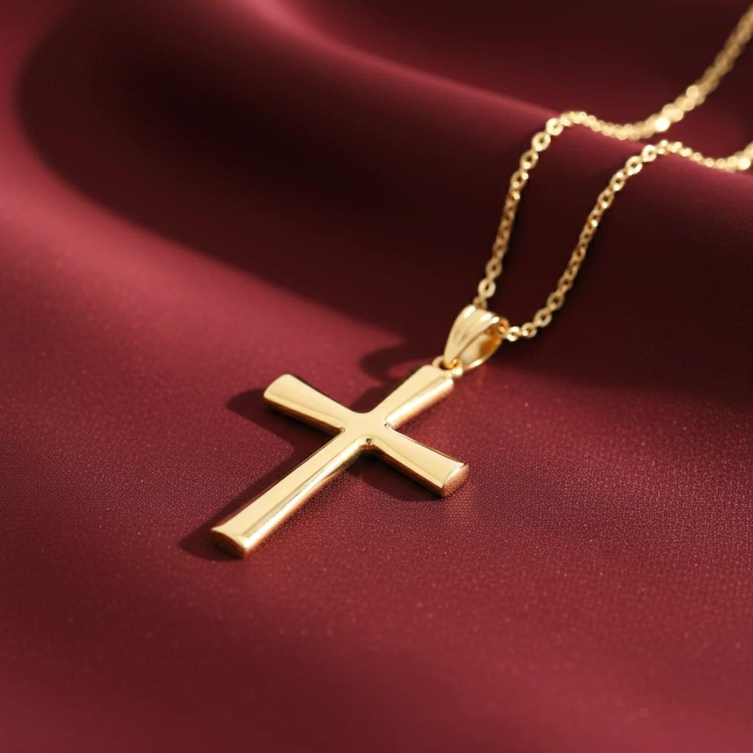 Elegant 14K Gold Classic Cross Pendant Necklace with 18" Cable Chain.