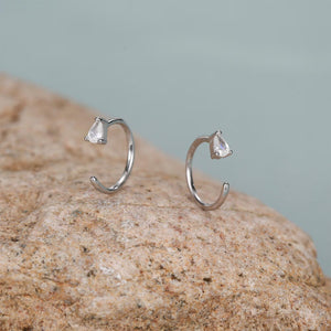 Clear CZ Droplet Huggie Hoop Earrings in Sterling Silver, Tiny Pear Cut CZ Open Hoops, Pull through Threaders, Half Hoops