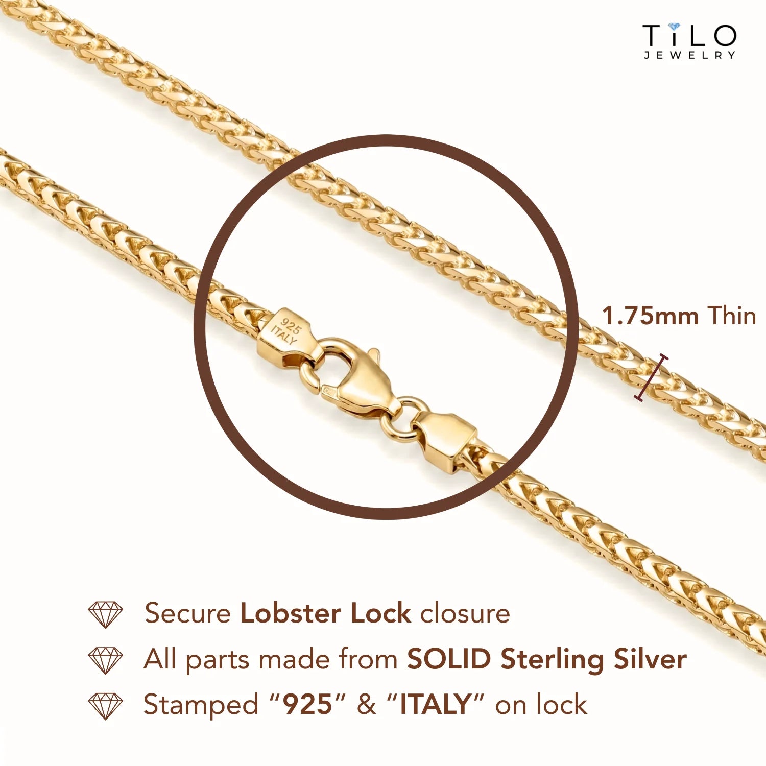 14K Gold Plated Italian Franco Chain Bracelet, Solid Sterling Silver, with Lobster Lock, 7 Inches