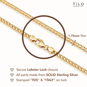 14K Gold Plated Italian Franco Chain Bracelet, Solid Sterling Silver, with Lobster Lock, 7 Inches
