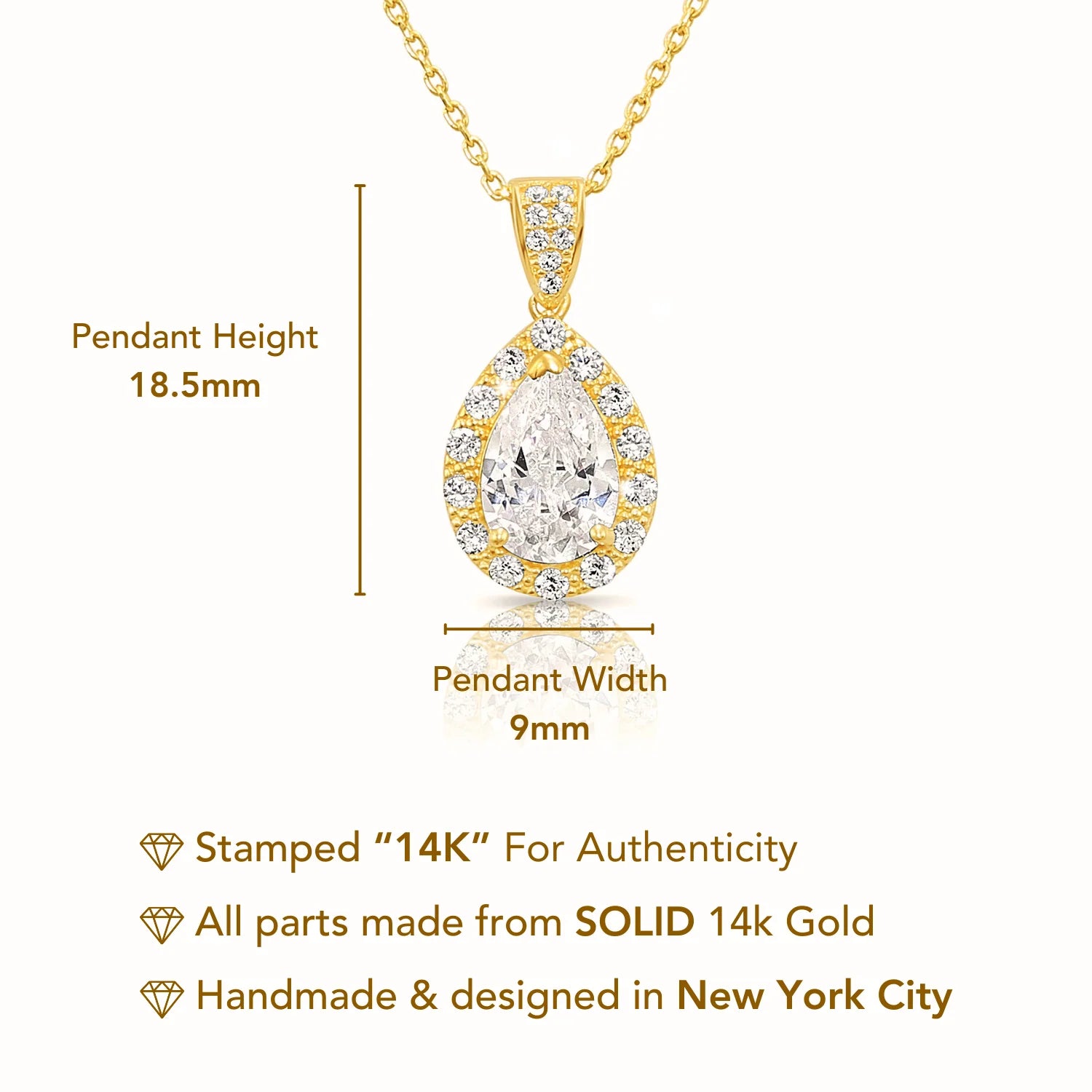 14K Yellow Gold Pear Pendant Necklace, Teardrop Halo CZ Pendant