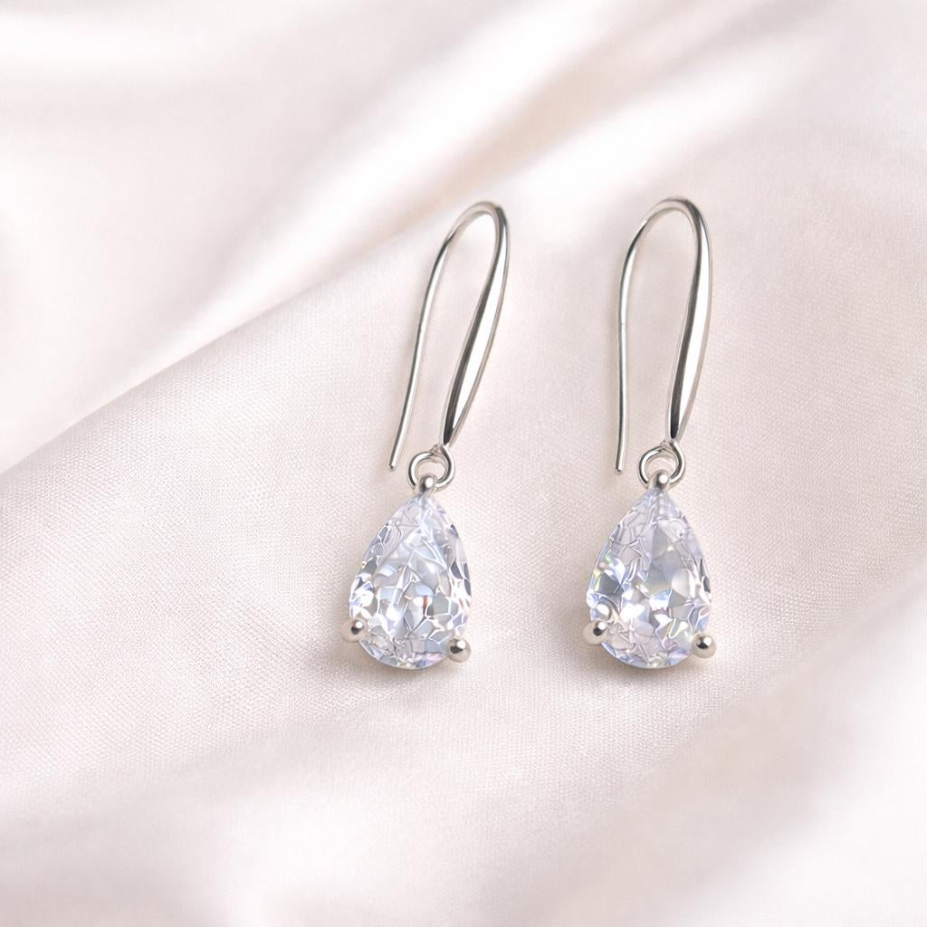 Teardrop Crystal Earrings: Sterling Silver Hooks, CZ Diamond Simulation