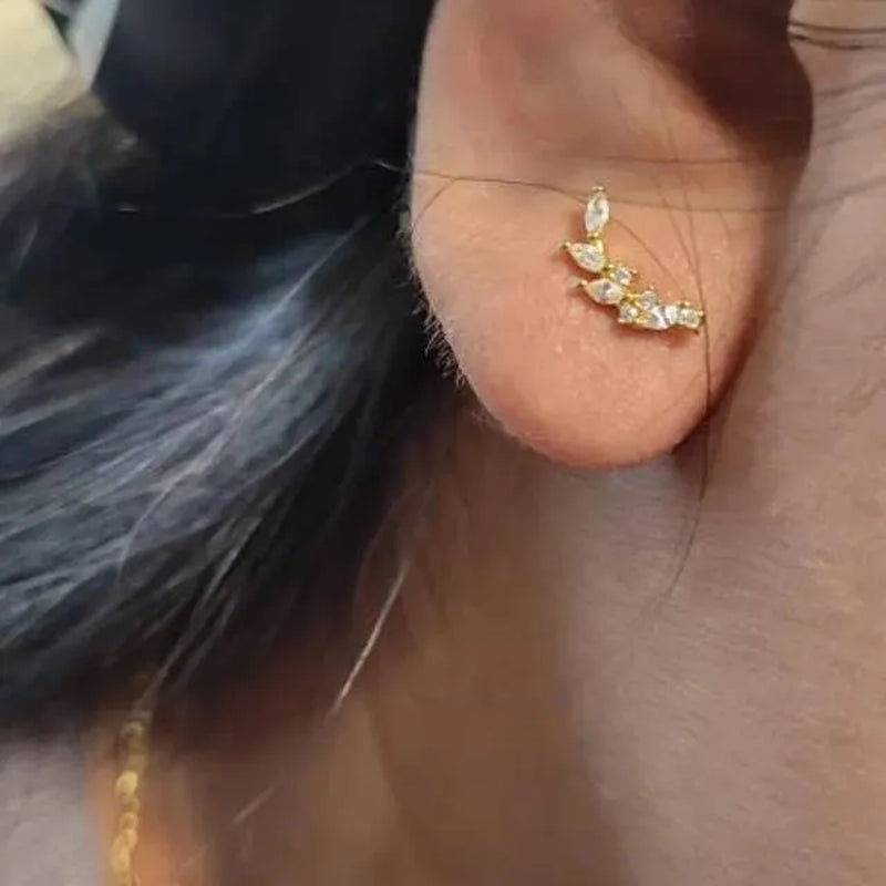 Dainty Olive Leaf Post Studs Ear Climber 14K Gold Plated 925 Silver Leaf Studs Cramler Branches Crystal Climber Earrings