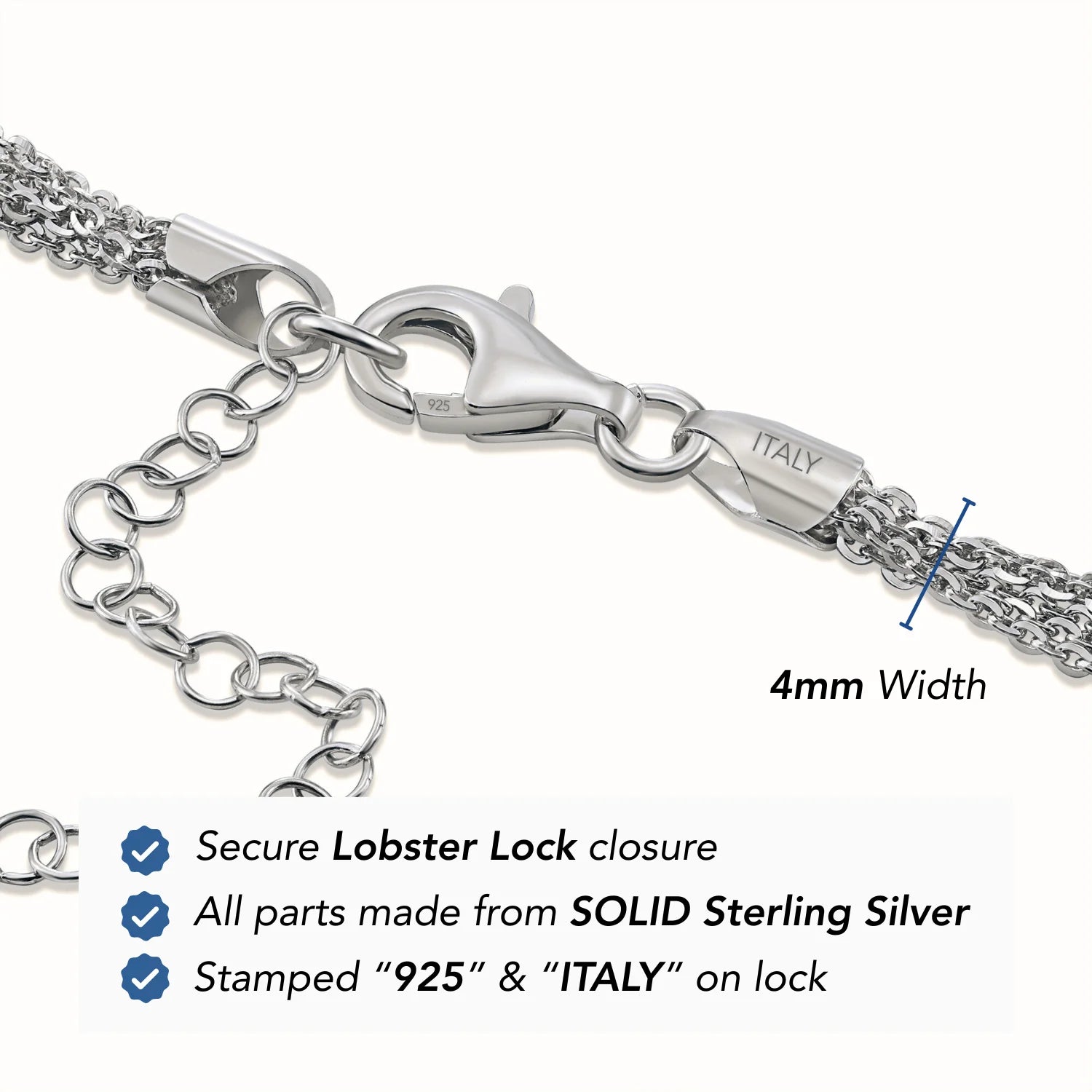 925 Sterling Silver Italian Multi-Row Cable Chain Bracelet, Adjustable 7"-8"