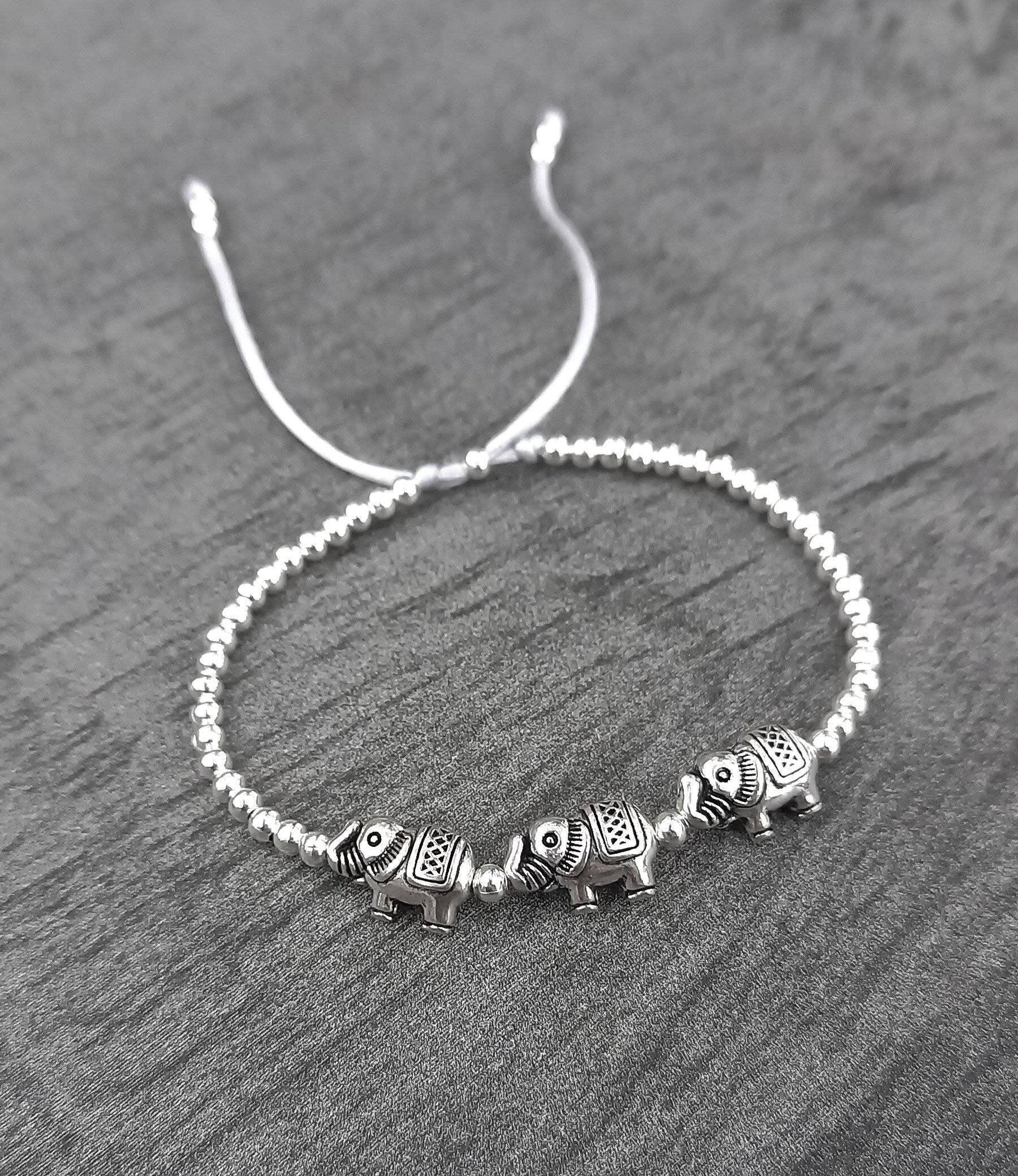 Charming Adjustable Lucky Elephant Bracelet & Anklet - Stylish Silver Bead Jewelry for Women & Girls.