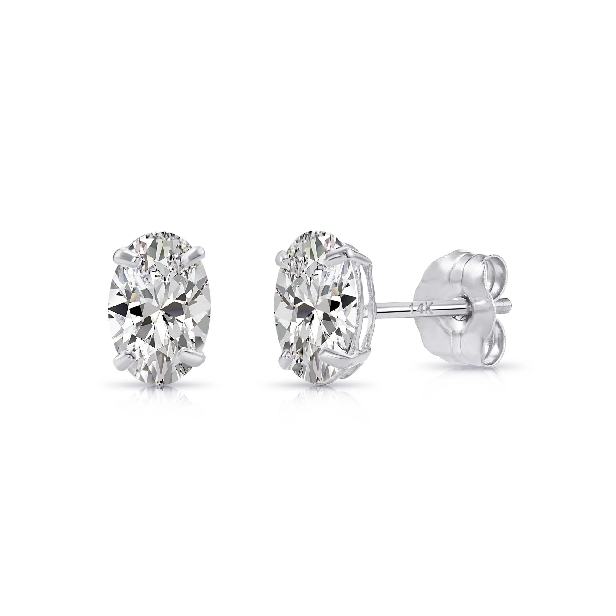 14K Solid Gold Basket Set Oval CZ Stud Earrings, with Pushbacks