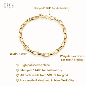 14K Yellow Gold Paperclip Bracelet, 7.5 Inches