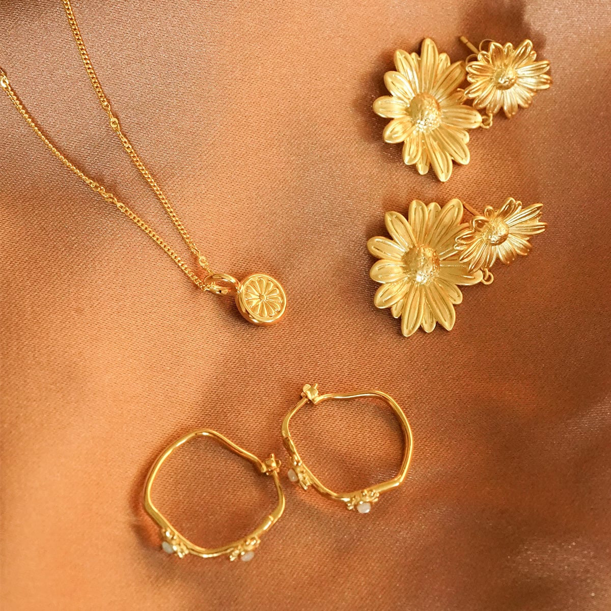 Double Daisy Flower Earrings 18Ct Gold Plate