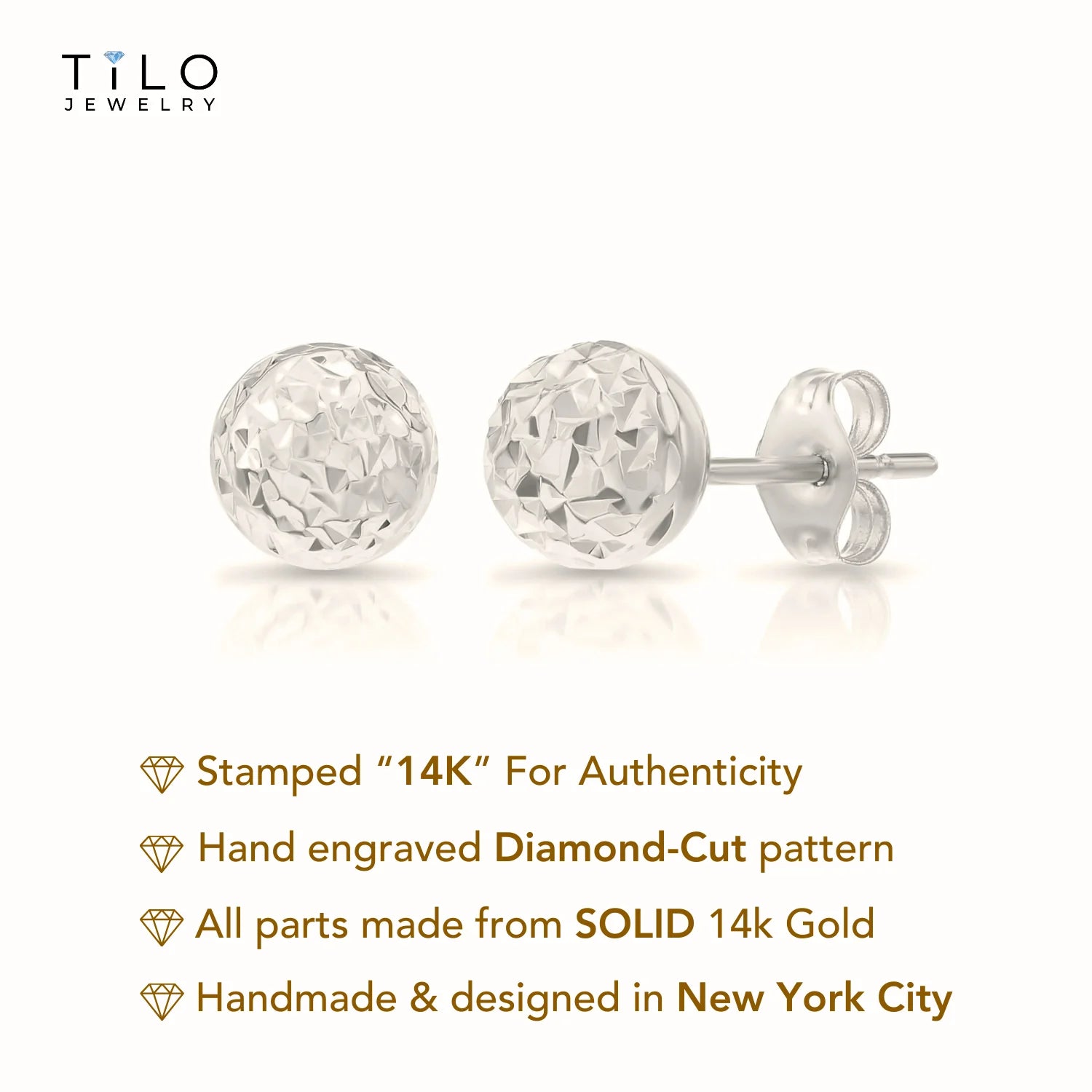 14K White Gold Sparkle Ball Stud Earrings, Hand Engraved Diamond-Cuts