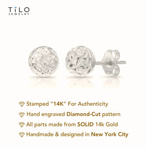 14K White Gold Sparkle Ball Stud Earrings, Hand Engraved Diamond-Cuts