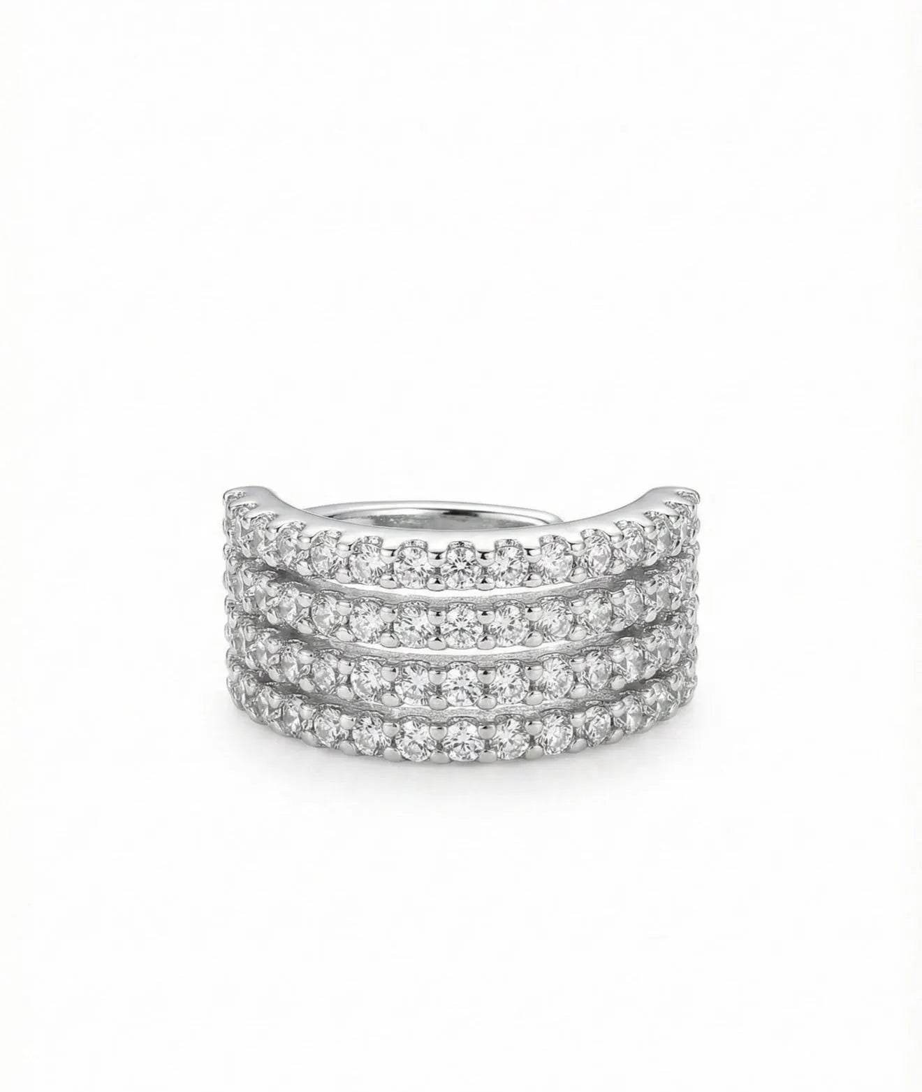 Silver Multi-Band Ear Cuff, No Piercing Sparkling Cartilage Hoop, 4-Row Pave Diamond Conch Earring