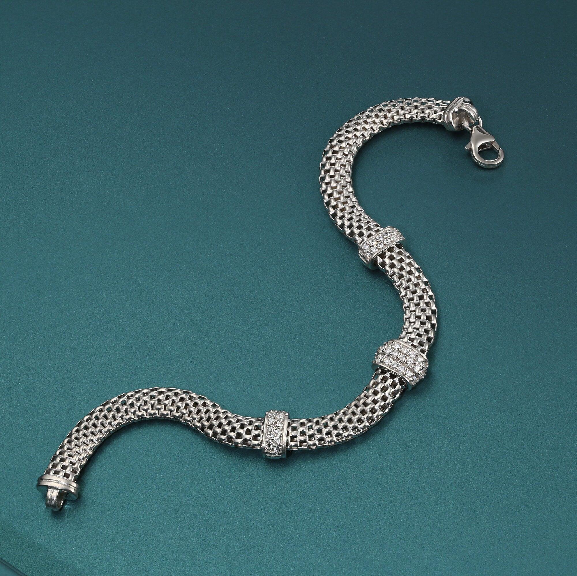 Elegant Sterling Silver Three Station Italian Handmade Bracelet - 7.5 Inches with Secure Lobster Clasp.