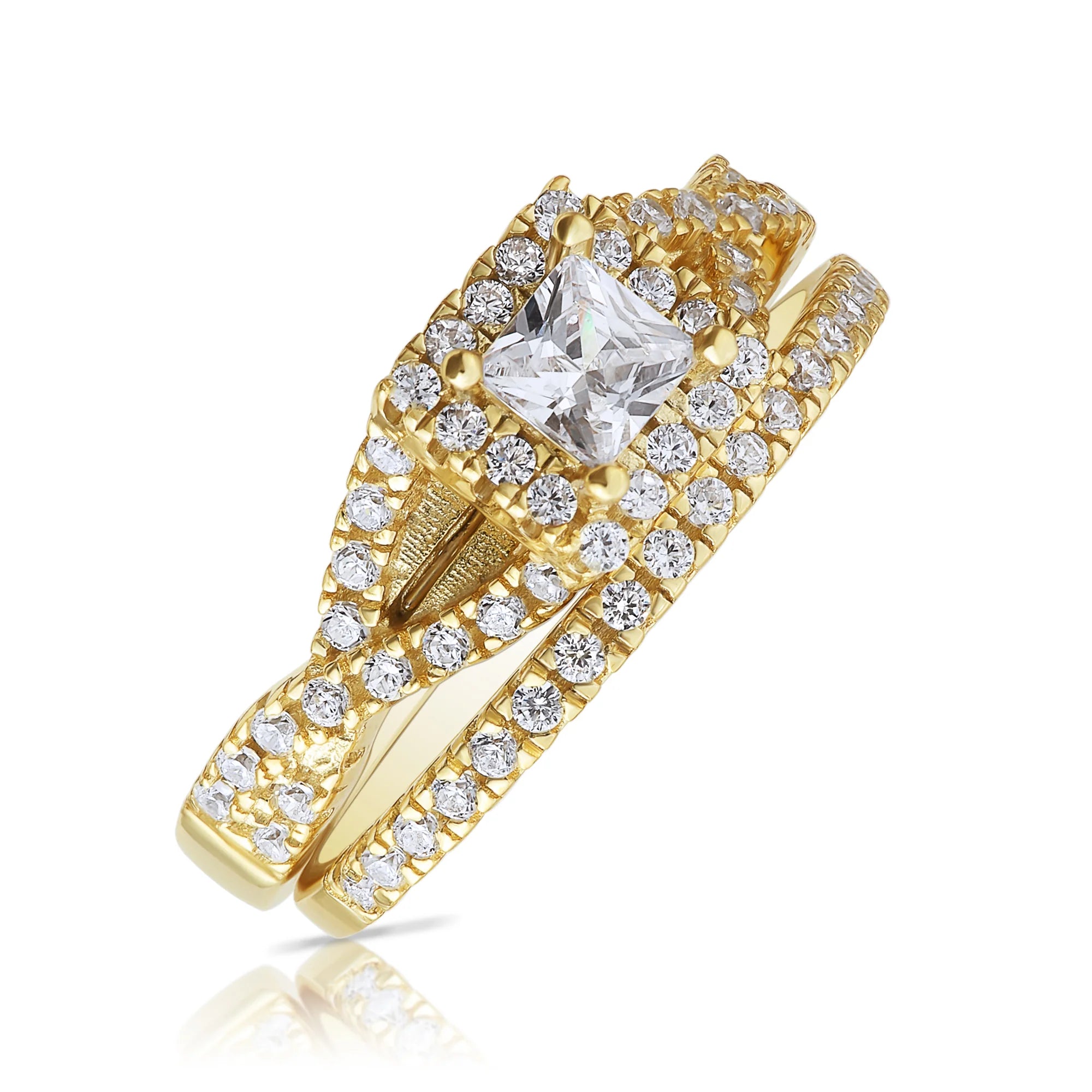 925 Sterling Silver Engagement Ring Set, 2 Carat Total, Princess Square-Cut Cubic Zirconia Ring with Halo Setting, Two Tier Stackable Ring