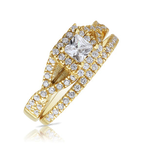 925 Sterling Silver Engagement Ring Set, 2 Carat Total, Princess Square-Cut Cubic Zirconia Ring with Halo Setting, Two Tier Stackable Ring