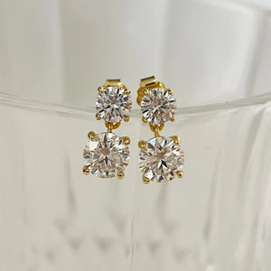 Genuine Moissanite Double Drop Earrings: Platinum Overlay Sterling Silver