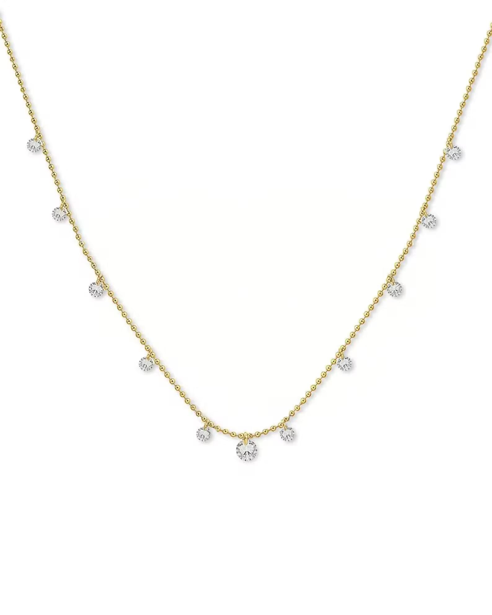 18K Solid Gold Diamond Station Necklace, Dainty Dangling Diamond Necklace, Minimal Drop Necklace, Everyday Wear Fine Jewelry Gift for Women.