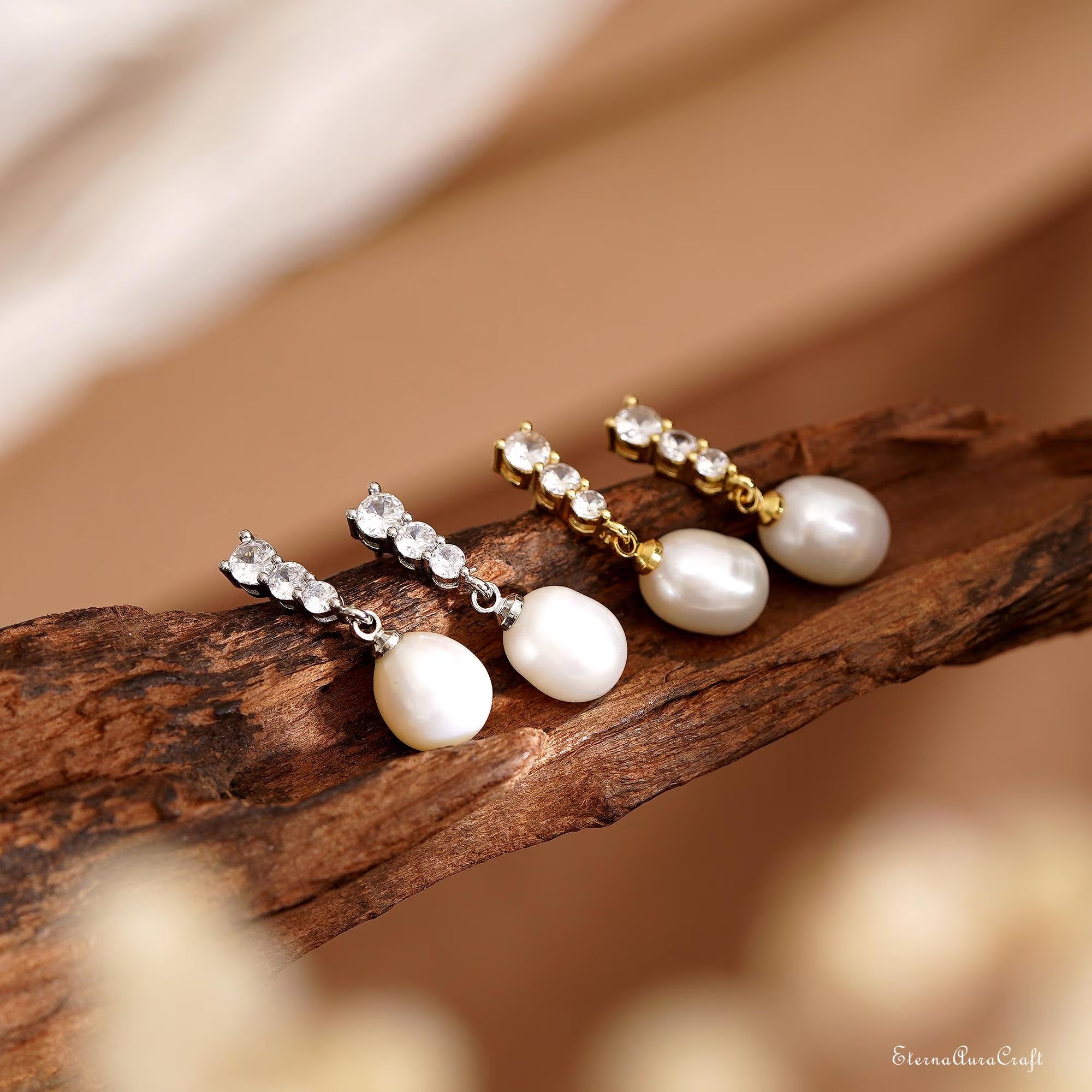 Real Freshwater Pearl Drop Earrings with Diamond, CZ Pearl Stud Earrings, Wedding Earrings, Pearl Bridal Earrings, Bridesmaid Gifts for Her