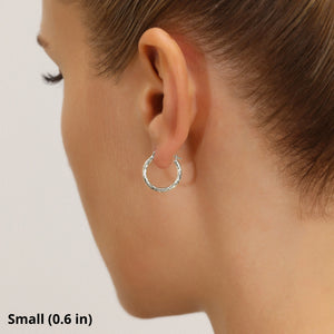 14K White Gold Classy Diamond-Cut Hoop Earrings, Hand Engraved Special Quality Hoops, Made in the USA, by TILO Jewelry