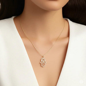 Elegant 14K Yellow Gold Hamsa Pendant Necklace with 18" Cable Chain.