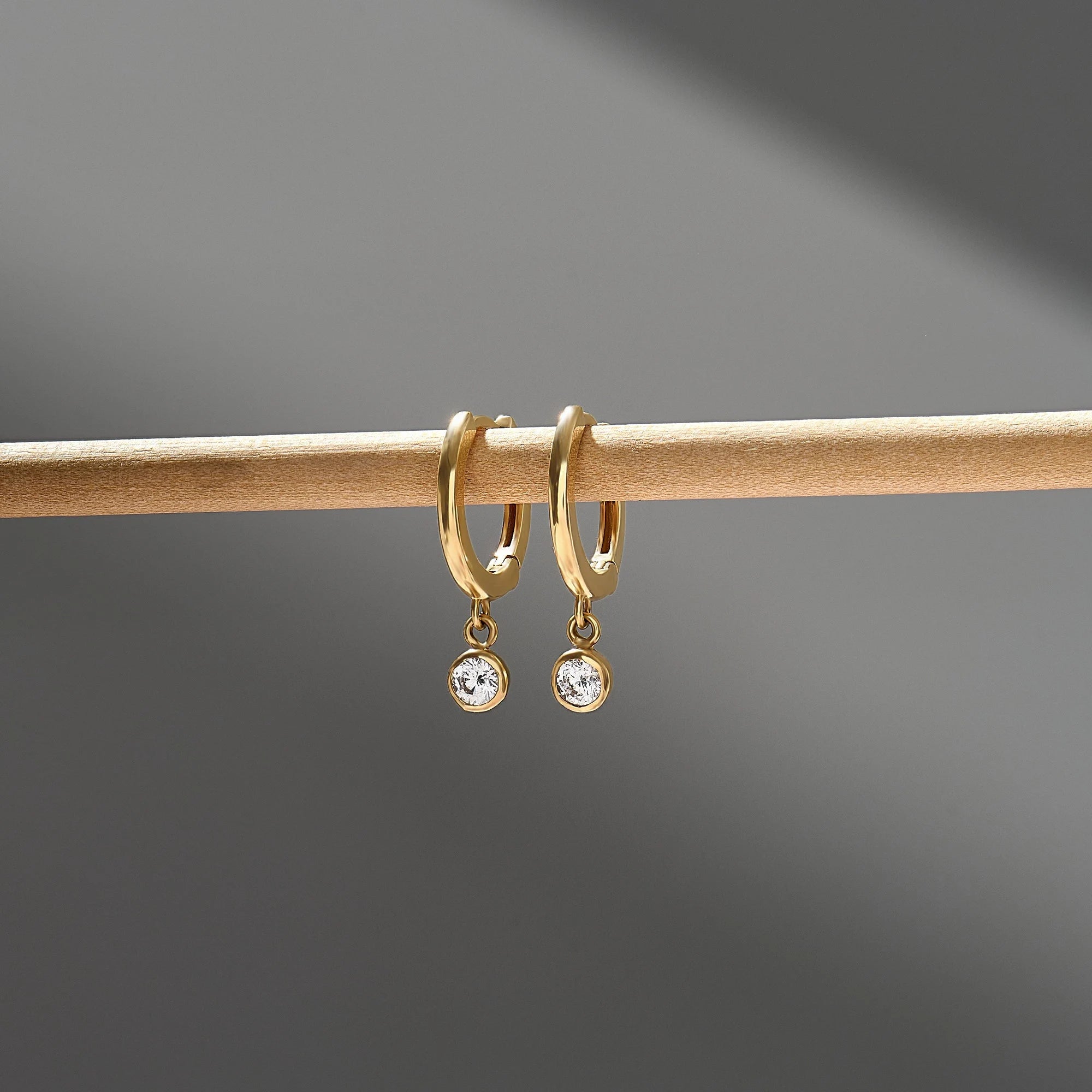 14K Solid Gold Diamond Drop Hoop Earrings, Dainty Bezel Diamond Charm Hoops, Huggie Drop Earrings for Women, Luxury Bridal Jewelry