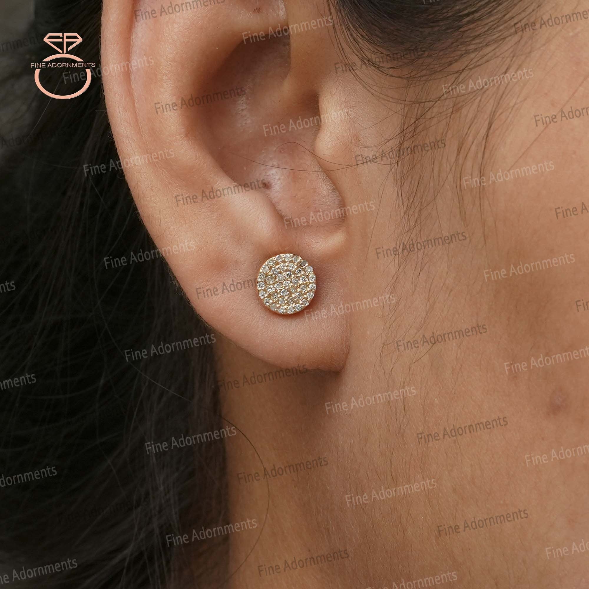 Pave Diamond 8MM Disc round Stud Earrings Solid 14K Yellow Gold Fine Jewelry Gift for Her Minimalist Earrings Pushback Jewelry New