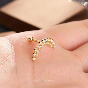 14K Solid Gold Invisible Set Diamond Apsara Curve Threaded Stud Earring/Ball-End Earring with Double Row CZ Cartilage, Helix, Conch Piercing