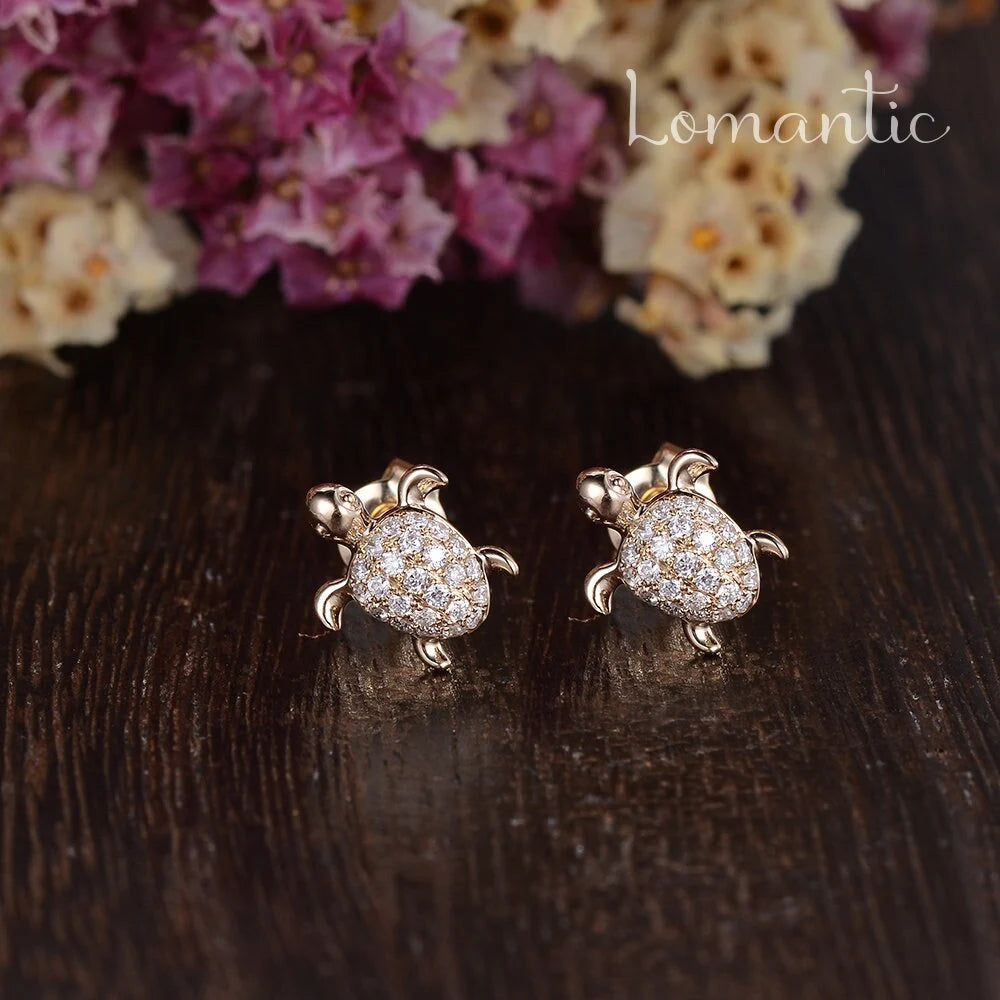 Unique Turtle Errings Natural Diamond Errings 14K Rose Gold Sea Turtle Animal Gold Errings Women Promise Anniversary Gift for Her per Pairs