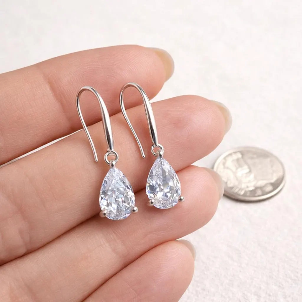 Teardrop Crystal Earrings: Sterling Silver Hooks, CZ Diamond Simulation