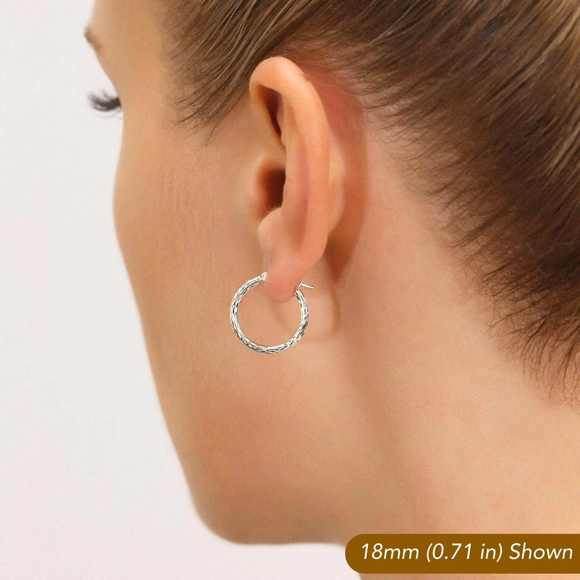 Stunning 10K White Gold Hand-Engraved Diamond-Cut Hoop Earrings - Crafted in the USA.