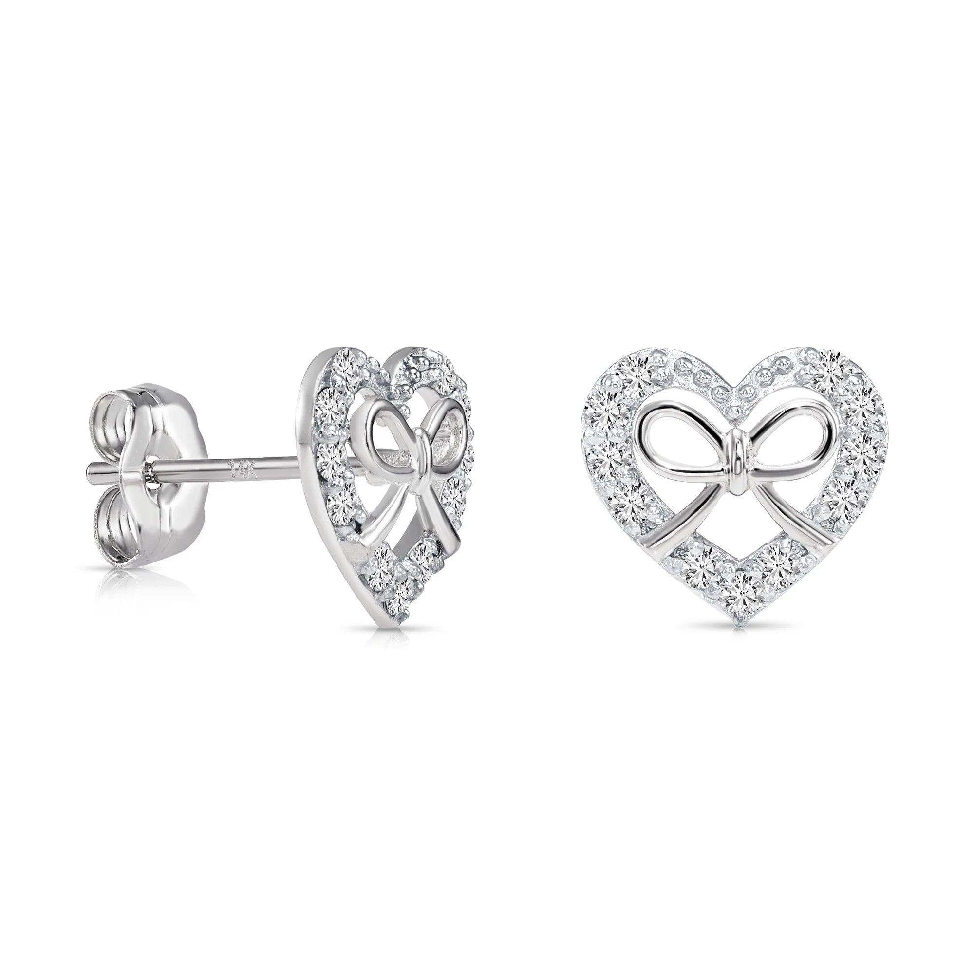 14K Gold Lab Diamond Heart & Bow Stud Earrings with Pushbacks, 0.20Ctw